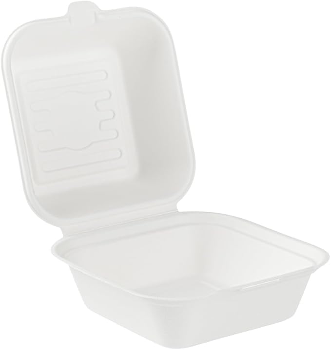 Restaurantware Pulp Safe No PFAS Added 15 Ounce Clamshell Boxes 100 Disposable Containers - Home Compostable Microwavable And Freezable White Bagasse Containers With Built-In Hinged Lid
