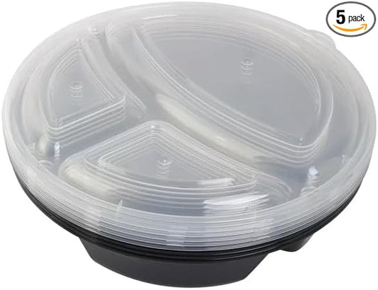 SEDLAV Conveniently Organize Your Meals with Our 3-Compartment 1L Round Meal Prep Food Storage Container, 5 Pack - BPA-Free, Leakproof, Microwave & Dishwasher Containers for Portion Control.