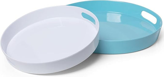 LEHAHA Large Round Serving Tray with Handles, Large Melamine Serving Tray for Coffee Table, Serving Food and Beverages, Modern Round Decorative Trays for Home/Bathroom Décor. Set of 2,Teal and White