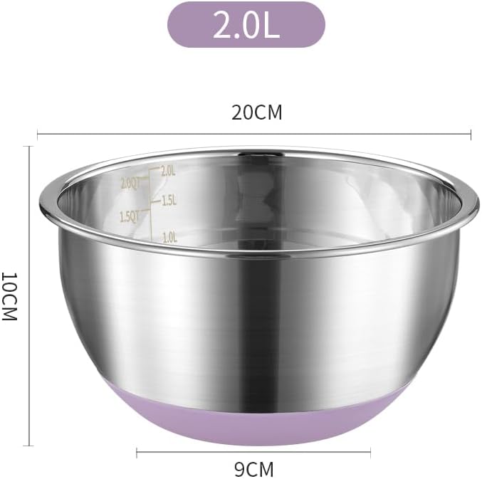 Mixing Bowl Stainless Steel with Nonslip Silicone Bottom Metal Kitchen Bowl Baking Cooking Salad Bowl Dishwasher Safe, 2QT