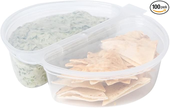 Restaurantware Futura 4 Ounce Snack Containers 100 Microwavable Sauce Containers - 2 Compartments Hinged Lid Clear Plastic Portion Cups For Condiments Or Dips