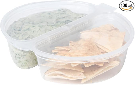 Restaurantware Futura 4 Ounce Snack Containers 100 Microwavable Sauce Containers - 2 Compartments Hinged Lid Clear Plastic Portion Cups For Condiments Or Dips