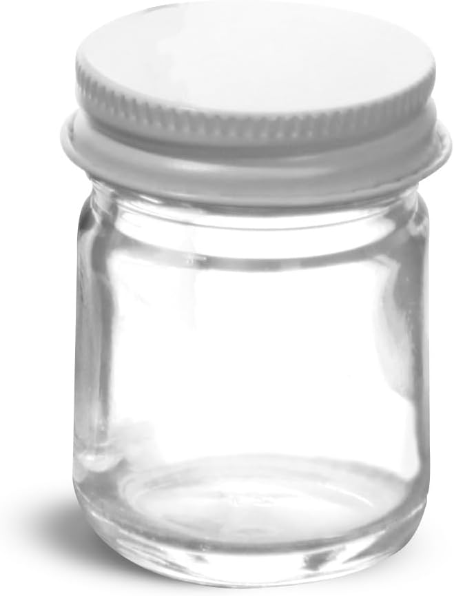 48 Count Small Glass Jars with Lids, 1 oz Clear Glass Jars w/ White Metal Plastisol Lined Caps, Canning Jars, Spice Jars, Food Containers, Empty Glass Jars for Preserves, Spices, Samples, Cosmetics
