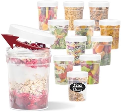 32 oz -12 Pack Reusable Food Freezer Storage Containers with Lids BPA Free, Twist Top Deli Container, Leak Proof, Stackable, Microwave and Dishwasher Safe-Elegant White