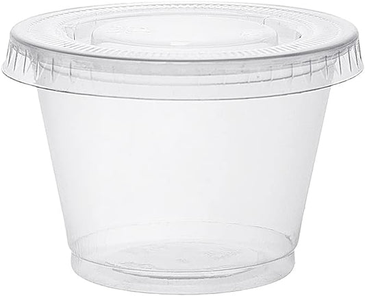 Party Essentials 2.5 oz. Squeezable Plastic Portion Cups with Lids, for Soufflé, Condiments, Sauces, Gelatin, Jello, 50 Sets, Clear
