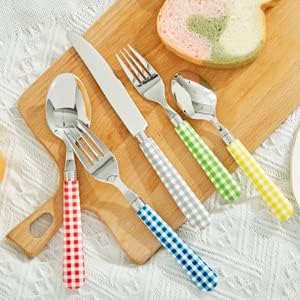 ANNOVA Silverware Set 20 Pcs Stainless Steel Cutlery Color Handle Flatware - 4 x Dinner Knife; 4 x Dinner Fork; 4 x Salad Fork; 4 x Dinner Spoon; 4 x Dessert Spoon (Red/Gingham Checkered) Christmas