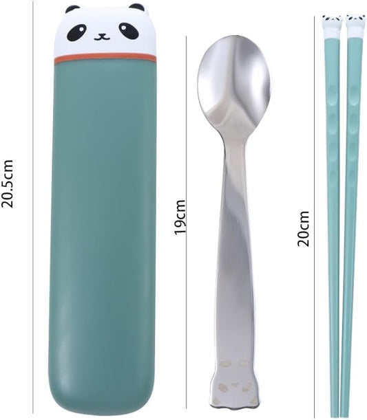 Portable Travel Utensils Set with Case, Reusable Chopsticks Spoon Cutlery Set with Case, Plastic & Stainless Steel & Silicone, Cute Panda Head Premium Flatware Set for Daily Use