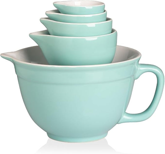 Sweejar Porcelain Mixing Bowl with Scale, Ceramic Serving Container for Kitchen, Nesting Bowl with Handle, Using for Baking, Prepping, Cooking, Set of 5 (Turquoise)