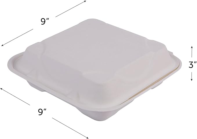 Eco-Products Compostable Vanguard 9" Clamshell To Go Containers, Case of 200, 3 Compartment, Square Take Out Food Box, White Renewable Molded Fiber, No-Added PFAS, ASTM Compliant, BPI-Certified