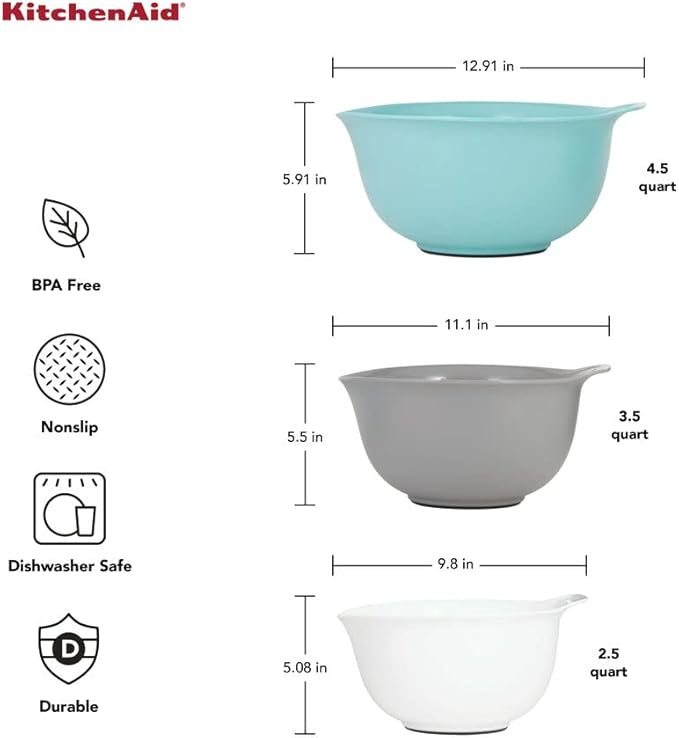 KitchenAid Universal Nesting Plastic Mixing Bowls, Set Of 3, 2.5 quart & Classic Pizza Wheel with Sharp Blade For Cutting Through Crusts