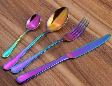 Lightahead 24pcs Rainbow colored Iridescent Stainless Steel Flatware Premier Quality Rainbow Colored Tableware Cutlery Set in attractive Black Gift Box (Multicolored)