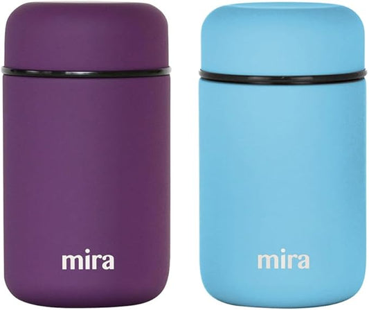 MIRA 2 Pack Insulated Food Jar Thermos for Hot Food & Soup, Compact Stainless Steel Vacuum Lunch Container, 13.5 oz, Purple, Pearl Blue