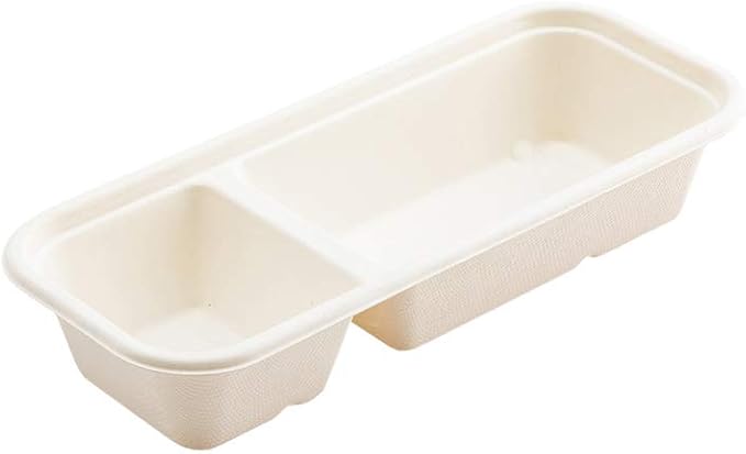 Restaurantware Pulp Tek 9.2 x 3.8 x 1.8 Inch Takeaway Food Boxes 100 Microwavable Take Out Containers - Lids Sold Separately Freezable White Bagasse Catering Food Containers 2 Compartments
