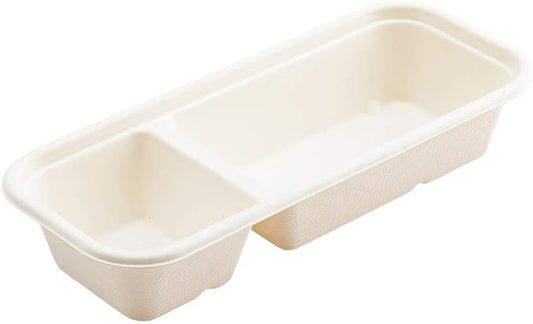 Restaurantware Pulp Tek 9.2 x 3.8 x 1.8 Inch Takeaway Food Boxes 100 Microwavable Take Out Containers - Lids Sold Separately Freezable White Bagasse Catering Food Containers 2 Compartments