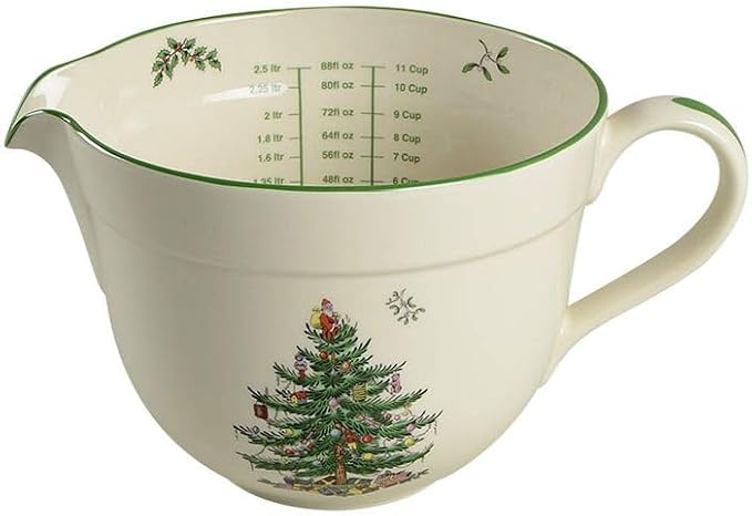 Spode Christmas Tree Batter Jug - 2 Quart Mixing Batter Bowl with Handle and Precision Pour Spout, Fine Earthenware Holiday Baking Tool - Festive Bakeware for Christmas, Dishwasher & Microwave Safe