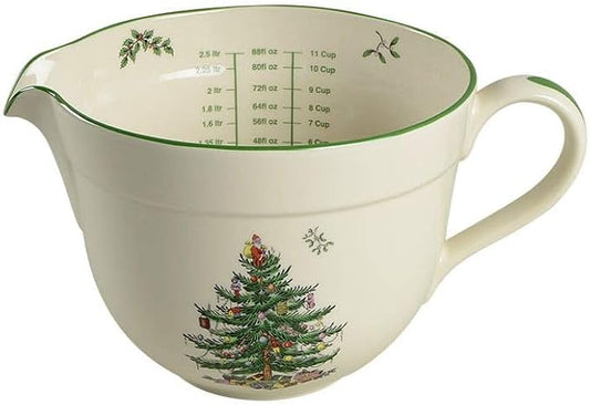 Spode Christmas Tree Batter Jug - 2 Quart Mixing Batter Bowl with Handle and Precision Pour Spout, Fine Earthenware Holiday Baking Tool - Festive Bakeware for Christmas, Dishwasher & Microwave Safe