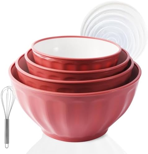 Mixing Bowl Set,Serving Bowls with Lids,Plastic Storage Bowls Set for Kitchen Prep,Cooking,Storing Food,4 Mixing Bowls with Lid and 1Egg Whisk,Stackable,Baking Accessories，Pantone 2447C