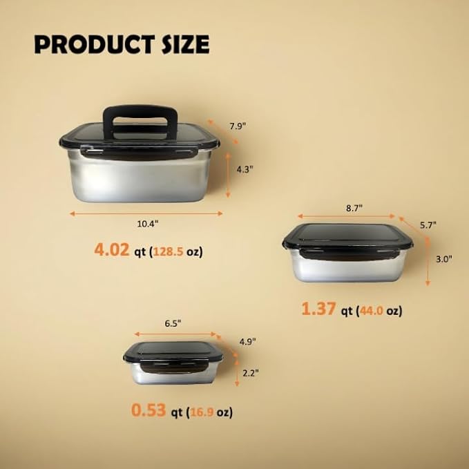 Stainless steel food storage containers leak proof & airtight lids for Kitchen,stainless steel bowl,meal prep lunch box,freezer and microwave safe (17/44/128 oz)