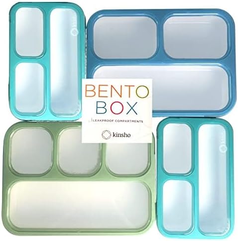 kinsho Leakproof Bento Lunch and Snack Boxes. Family Pack of 4 Meal Planning Portion Containers For Women, Adults. BPA Free. Utensils, Blue & Green (2 large + 2 Mini Lunch box)