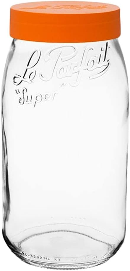 Le Parfait Screw Top Jar Wide Mouth French Glass Jar | Ideal for Food and Soup Storage, Canning, Flour, Brown Sugar, and other Baking Supplies (3L/96oz, Single, Orange)