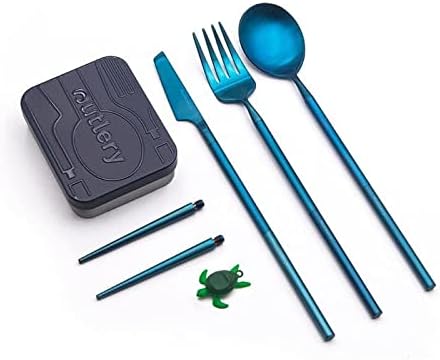 Outlery | Portable & Reusable Stainless Steel Travel Cutlery Set and Reusable Chopsticks (Blue) Pocket Sized Cutlery Set