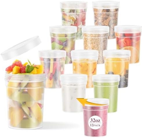 32 oz -12 Pack Reusable Food Freezer Storage Containers with Lids, BPA Free Twist Top Deli Container, Leak Proof, Stackable, Microwave and Dishwasher Safe