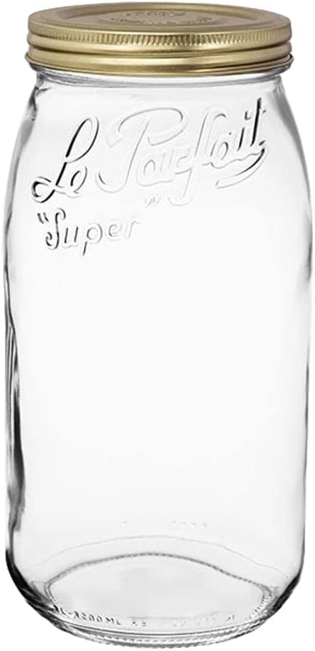 Le Parfait Screw Top Jar Wide Mouth French Glass Jar | Ideal for Food and Soup Storage, Canning, Flour, Brown Sugar, and other Baking Supplies (3L/96oz, Single, Gold)