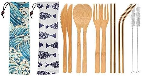 Uptrust Bamboo 2 Set Travel Utensils - Reusable Cutlery with Case, 7.8 Inch Knife, Fork, Spoon, 3 Colors Metal Straw - Golden Straw