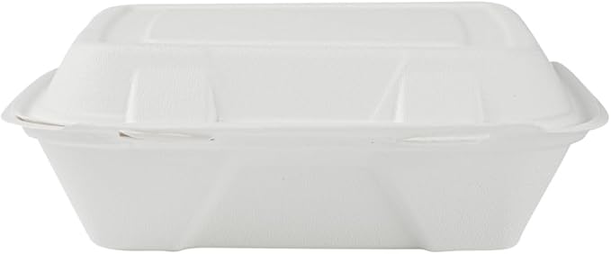 Restaurantware Pulp Safe No PFAS Added 32 Ounce Clamshell Boxes 100 Disposable Containers - Home Compostable Microwavable And Freezable White Bagasse Containers Built-In Hinged Lid And Tab Lock