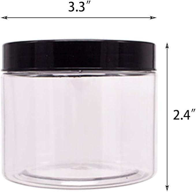 12 Pack 8 OZ Clear Plastic Jars With Black Lids, A Spatula, A Pen & Labels - BPA Free PET Container for Cosmetics, Cream, Bathroom, Kitchen & Travel Plastic Slime Storage Jars