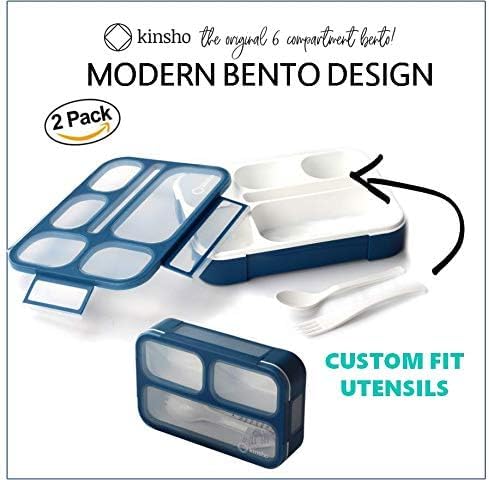 kinsho Bento Lunch-Box Set for Kids includes Snack Container | 6 and 3 Compartment Boxes Leakproof School Bentos, Meal Portion Control Containers, Boys Girls Adults, Navy Blue Large + MINI 2 Pack Set