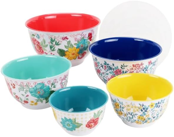 The Pioneer Woman Melamine Mixing Bowls Set with Lids 10-Pieces Bundle with Spoon Rest & Stainless Steel Silicone Kitchen Tongs Red (Total 12 Pieces)