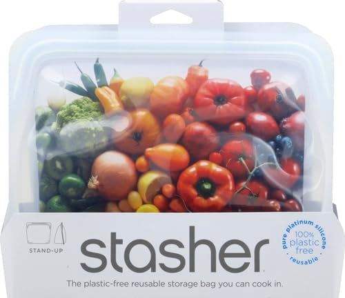 Stasher Premium Silicone Reusable Food Storage Stand-Up Mid Bag, Clear, Microwave, Sous Vide, Dishwasher, Oven and Freezer Safe, BPA Free, Leak-free, Eco-friendly, 56 Oz