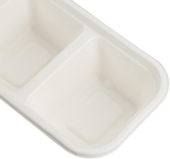 Restaurantware Pulp Tek 9.2 x 3.8 x 1.8 Inch Takeaway Food Boxes 100 Microwavable Take Out Containers - Lids Sold Separately Freezable White Bagasse Catering Food Containers 3 Compartments