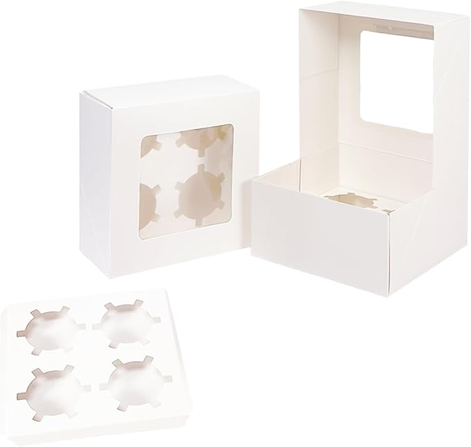 qiqee Auto-pop Up 4 Cupcake Boxes with Window White 30 Packs Cupcake Box 6.3"x6.3"x3" Bakery Boxes For Cupcakes Carrier, Cupcake Containers