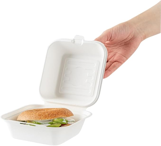 Restaurantware Pulp Safe No PFAS Added 15 Ounce Clamshell Boxes 100 Disposable Containers - Home Compostable Microwavable And Freezable White Bagasse Containers With Built-In Hinged Lid
