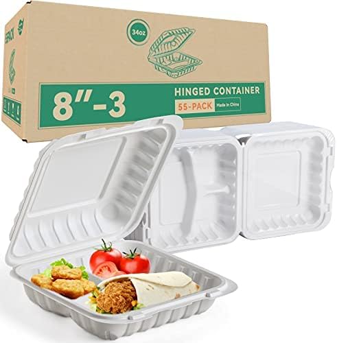 To Go Containers, Reusable 55 Pack BPA Free 3 Compartment Food Container 34 oz MFPP Clamshell Take Out Boxes