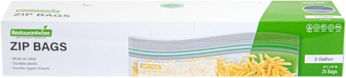 Restaurantware Bag Tek 2 Gallon Storage Zip Bags 25 Disposable Zipper Pouch Bags - Double Zipper Greaseproof Clear Plastic Zip Bags With Write-On-Label For Food Organization And Storage