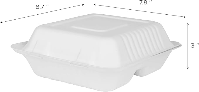 KARAT EARTH Clamshell Take Out Food Containers [8"x8", 200 ct ] 3 Compartments | Compostable To Go Containers, Natural Biodegradable Bagasse | White