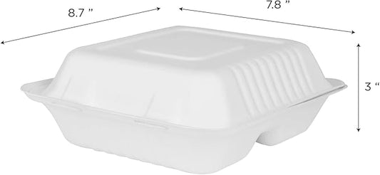 KARAT EARTH Clamshell Take Out Food Containers [8"x8", 200 ct ] 3 Compartments | Compostable To Go Containers, Natural Biodegradable Bagasse | White