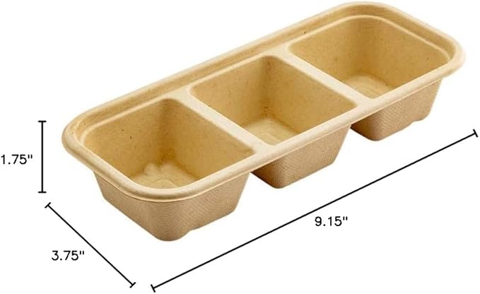 Restaurantware Pulp Tek 9.2 x 3.8 x 1.8 Inch Takeaway Food Boxes 100 Microwavable Take Out Containers - Lids Sold Separately Freezable Bagasse Catering Food Containers 3 Compartments 17 Ounces
