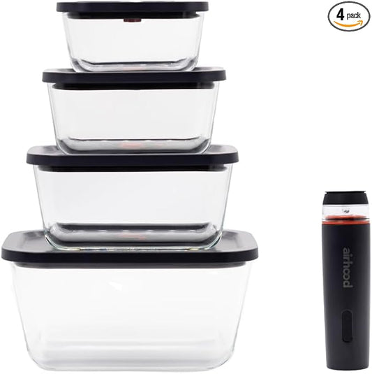 airhood Vacuum Food Storage Container Set | Powerful Electric Vacuum Pump + 4 Borosilicate Glass Containers | Keeps Food Fresh 5X Longer | Microwave, Freezer & Oven Safe | BPA-Free & Stackable