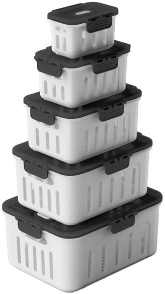 5pcs X-Large a Size Food Storage Container Set - Microwave & Dishwasher Safe, Airtight, Fruit and Vegetable box, BPA-Free, Double Drain Basket, Kitchen Fridge Stackable Storage for Freshness