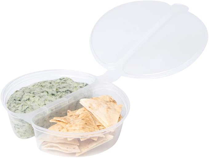 Restaurantware Futura 4 Ounce Snack Containers 100 Microwavable Sauce Containers - 2 Compartments Hinged Lid Clear Plastic Portion Cups For Condiments Or Dips