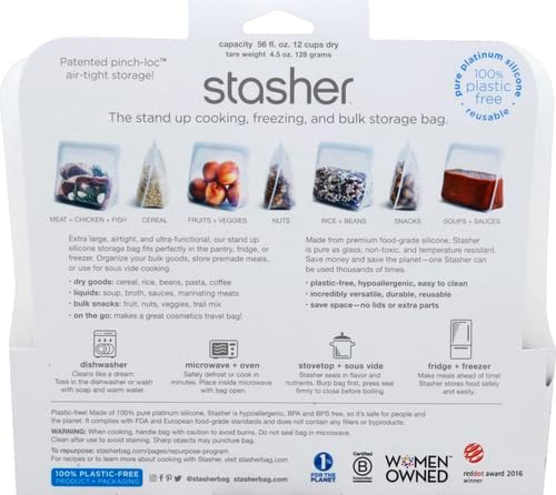 Stasher Premium Silicone Reusable Food Storage Stand-Up Mid Bag, Clear, Microwave, Sous Vide, Dishwasher, Oven and Freezer Safe, BPA Free, Leak-free, Eco-friendly, 56 Oz