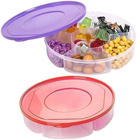 2 Pack - Candy and Nut Serving Container, Appetizer Tray with Lid, 6 Compartment Round Plastic Food Storage Lunch Organizer, Divided Christmas Keto Snack Plate, Dish Platter w/Cover, 10-Inch