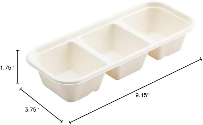 Restaurantware Pulp Tek 9.2 x 3.8 x 1.8 Inch Takeaway Food Boxes 100 Microwavable Take Out Containers - Lids Sold Separately Freezable White Bagasse Catering Food Containers 3 Compartments