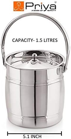 Priya Stainless Steel Apple Milk Can/Milk Barni/Milk Pot/Oil Can (with Lid) - Capacity 1.5 Litre and Diameter - 5.1 inches