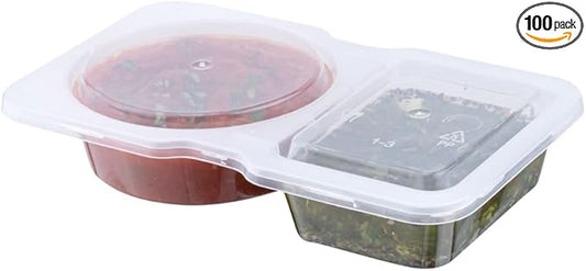 Futura 5 Ounce Snack Containers, 100 Microwavable Sauce Containers - 2 Compartments, Hinged Lid, Clear Plastic Portion Cups, For Condiments Or Dips - Restaurantware