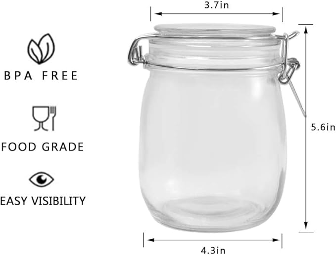 6 Pack 25 oz Pint, 750 ml Clear Glass Jars With Airtight Lids and Leak Proof Rubber Gasket, Hinged lids. Wide Mouth Storage Containers Preserving Jars, Mason Jars, Kitchen Storage Canisters